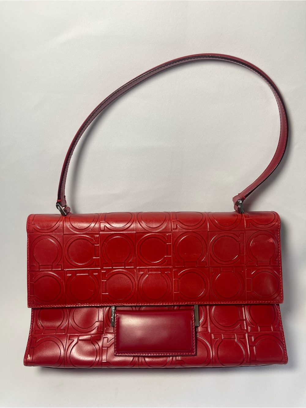 Vintage Salvatore Ferragamo Red Embossed Leather Gancini Shoulder Bag Italy